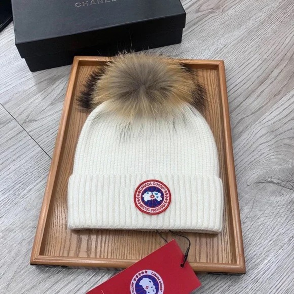 Canada Goose Cream Beanie with Fur Pom Pom